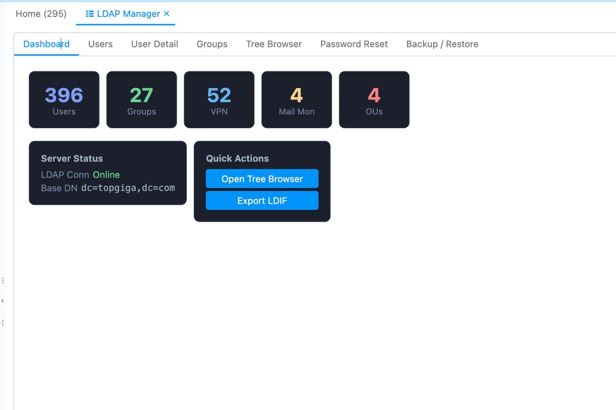 LDAP Manager Dashboard — 396 位使用者、27 個群組、52 個 VPN 帳號，伺服器狀態一目瞭然